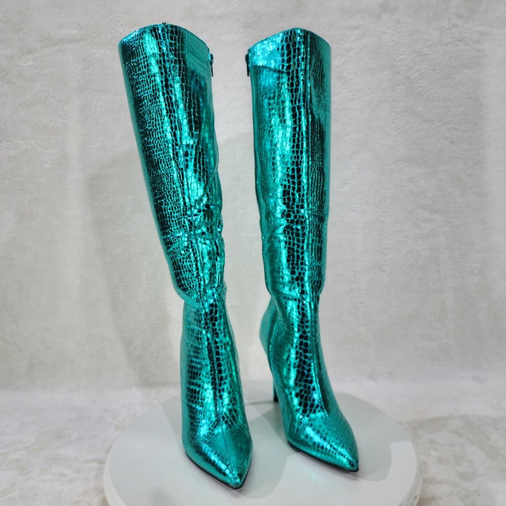 Green Metallic  Festive   Pointy Toe Boots With 4 inch Stiletto Heel - Picture 9 of 10